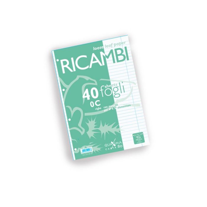 Pigna 02194591R, Ricambio con Banda Rinforzata, Rigatura 1R, righe per  medie e superiori, Carta 80g/mq, formato A4 (21 x 29.7 cm.), Pacco da 40  Fogli